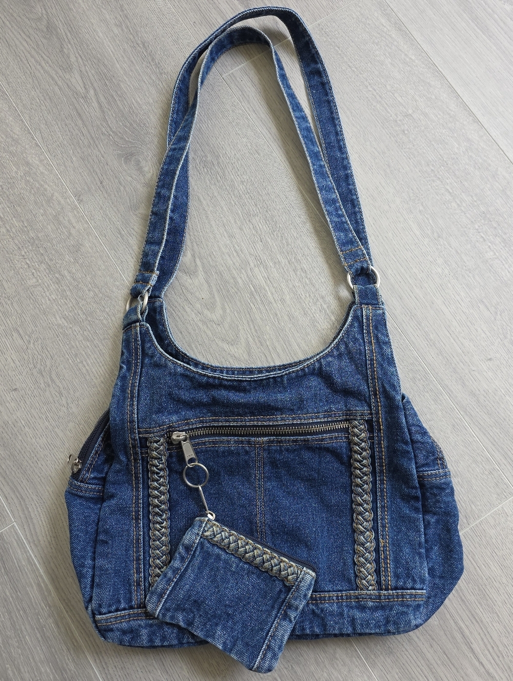 Vintage Denim Shoulder Bag with Coin Pouch